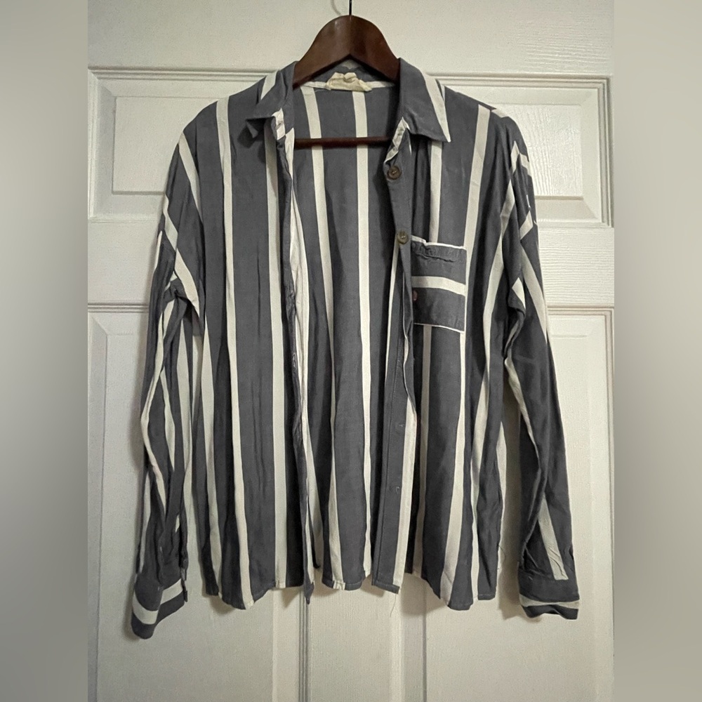 Women Striped Blue Gray and White Long Sleeve Shirt